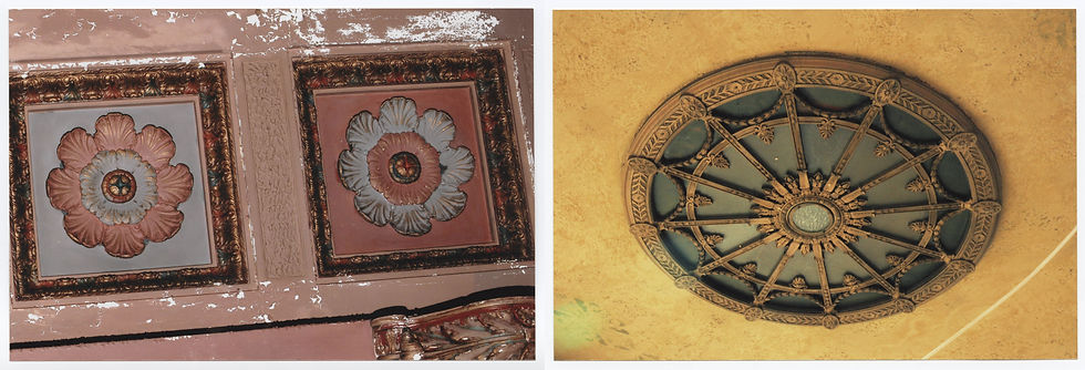 A side-by-side photo shows wall details in pink and wrought-iron embedded in a chipping wall, and an ornate ceiling medallion in yellow-toned iron.