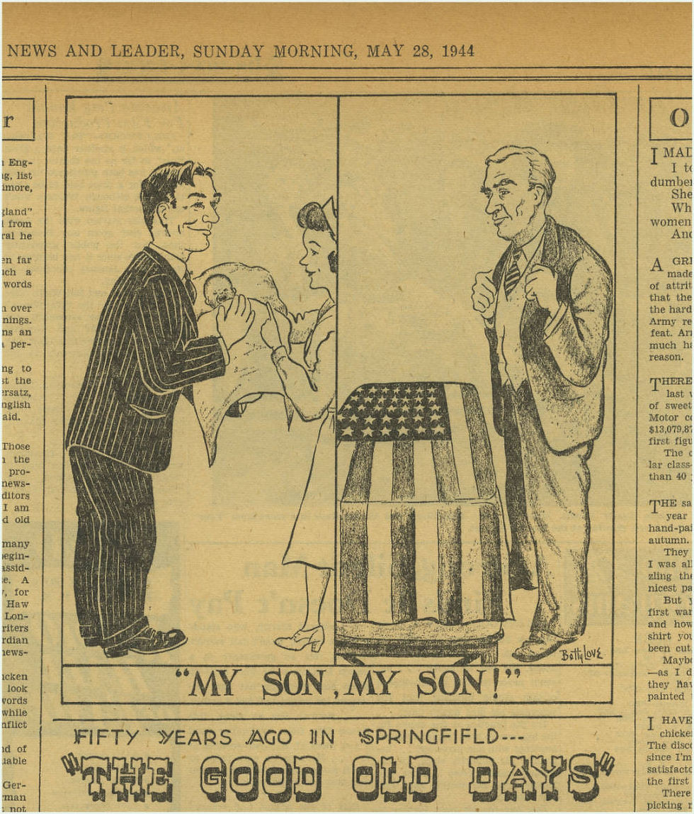 A newspaper clipping of a political cartoon showing a nurse handing a man a baby on one side, and an older man standing by a flag draped coffin with the words "My son, my son!" beneath it