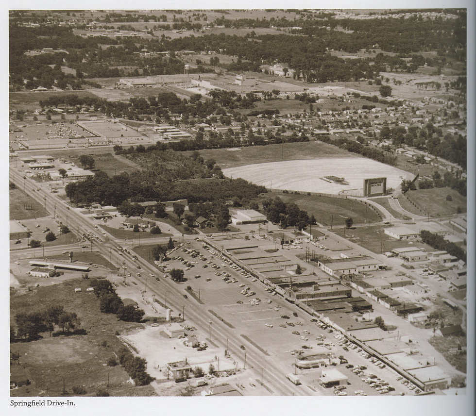 An aerial photo shows Springfield Drive-In, a large parking lot with a big screen at one end.