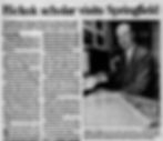 A newspaper clipping with the headline "Hickok scholar visits Springfield" with a photo of a man in a suit sitting near a box of files with a large handwritten document lying next to him.