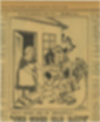 A newspaper clipping of a cartoon showing a woman, her children, and her belongings walking into a grandmother's house