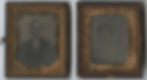 Two side-by-side tintypes encased in intricate gold metal frames set into wooden cases.