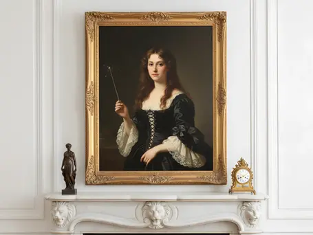 Une jeune femme aux cheveux longs et ondulés en robe noire d'époque, dans un cadre doré massif. Elle brandit une baguette de chef d'orchestre scintillante. 