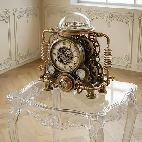 Une pendule de table anglaise dans un style steampunk avec des mécanismes complexe, qui symbolise le fonctionnement complet d'un système IA en 2026.