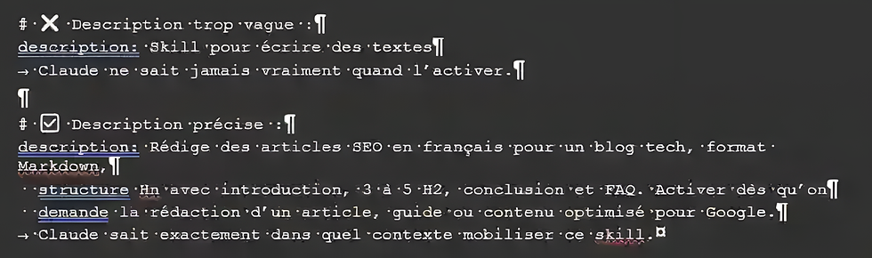 Un exemple de description trop vague, face à une description plus précise pour permettre le déclenchement automatique d'un skill Claude.