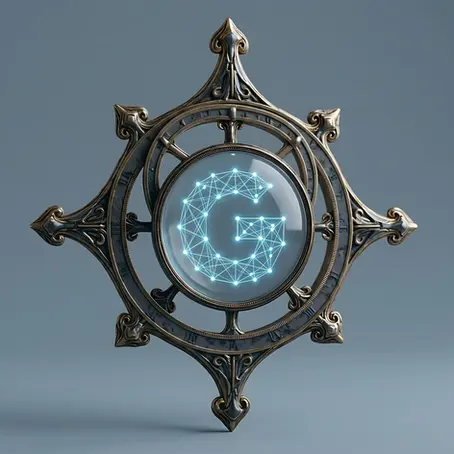 Une boussole steampunk avec le logo de Google au centre, symbolisant les fonctionnalités étendues de l'AI Search tel que visible en dehors de la France en juin 2026.