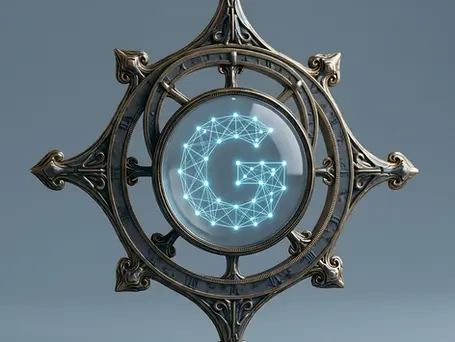 Une boussole steampunk avec le logo de Google au centre, symbolisant les fonctionnalités étendues de l'AI Search tel que visible en dehors de la France en juin 2026.