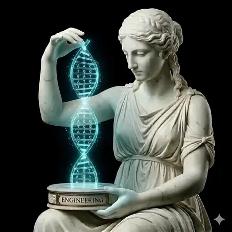 Une statue de déesse grecque fictive, qui déploie et façonne un brin d'ADN numérique, symbole du génie de l'ingénierie de prompt couplée au SEO.