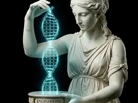 Une statue de déesse grecque fictive, qui déploie et façonne un brin d'ADN numérique, symbole du génie de l'ingénierie de prompt couplée au SEO.