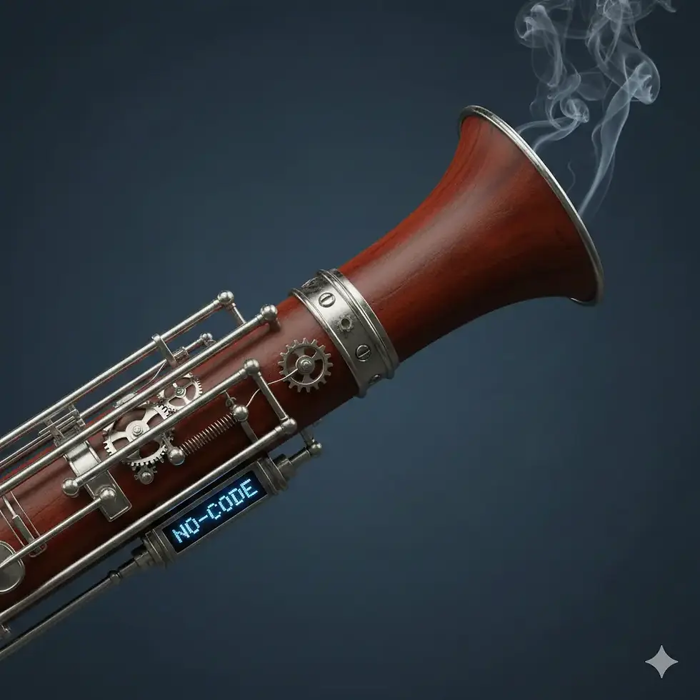 Un instrument à vent de la famille des bois, dans un style steampunk accueillant des éléments digitaux modernes pour symboliser l'avancée des méthodologies d'automatisaion en SEO.