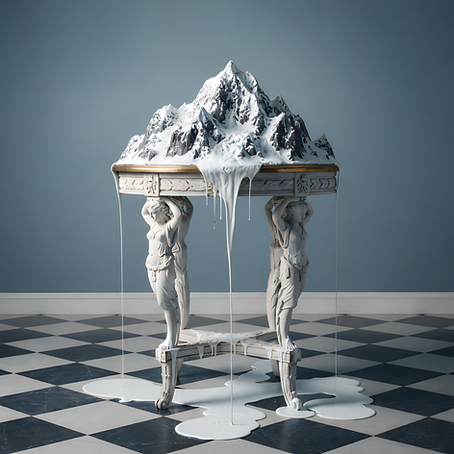 Une magnifique montagne enneigée, reposée sur un guéridon de style Louis XIV. La table est aménagée avec des caryatides, et l'ensemble symbolise la charge des entreprises face à la question existentielle de la gouvernance IA.