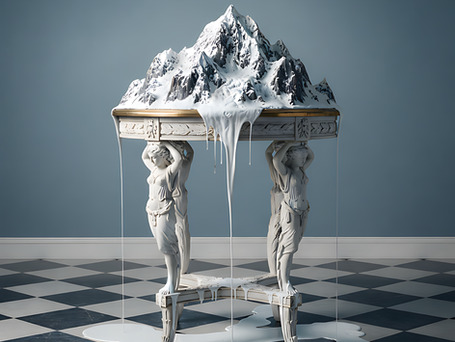 Une magnifique montagne enneigée, reposée sur un guéridon de style Louis XIV. La table est aménagée avec des caryatides, et l'ensemble symbolise la charge des entreprises face à la question existentielle de la gouvernance IA. 