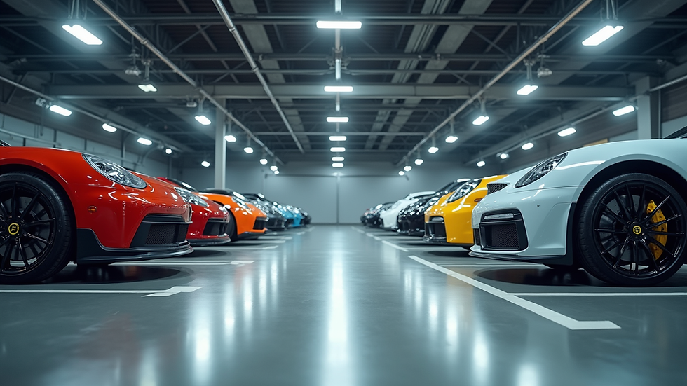 Vue en plongée d'un garage avec plusieurs voitures de sport européennes alignées