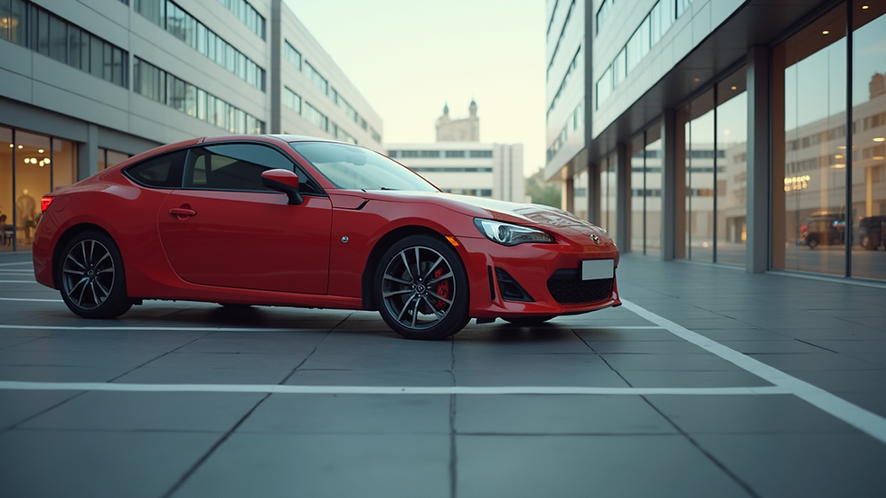 Vue rapprochée d'une voiture sportive rouge garée devant un bâtiment moderne