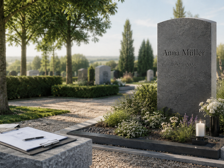Moderner Grabstein auf einem gepflegten Friedhof mit Bepflanzung, Kerze und Planungsunterlagen als Hinweis auf Friedhofssatzung und Grabmalgenehmigung.