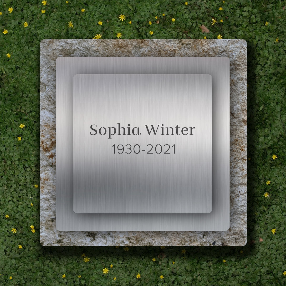 3-teiliger Liegestein aus Jura Kalkstein mit Schriftplatte aus Edelstahl