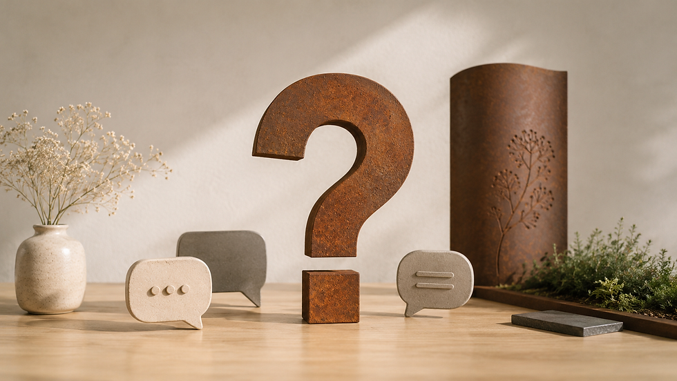 Alt-Text Titelbild: FAQ-Bereich mit Holzfragezeichen und Sprechblasen als Symbol für häufige Fragen zu Grabmalen, Genehmigung, Materialien und Ablauf.