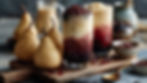 Two cups of bubble tea sit on a wooden board, with a few pears placed in the foreground and a blurred background. The drinks feature a rich gradient color and are topped with boba, creating a warm and inviting appearance.