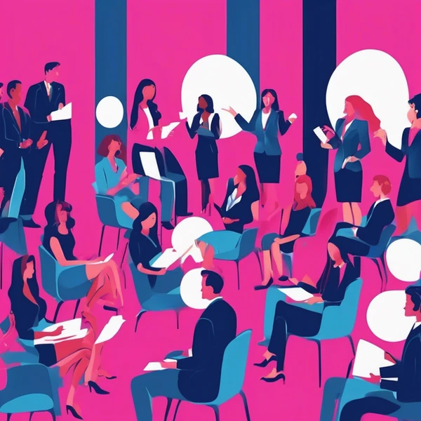 group in blues with pink background speaking