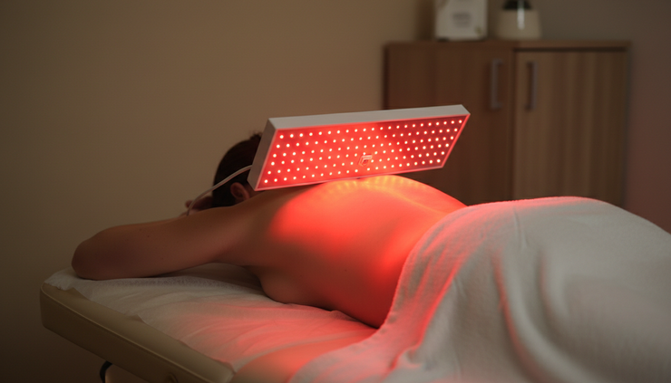 Close-up view of a red light therapy panel shining on a lower back
