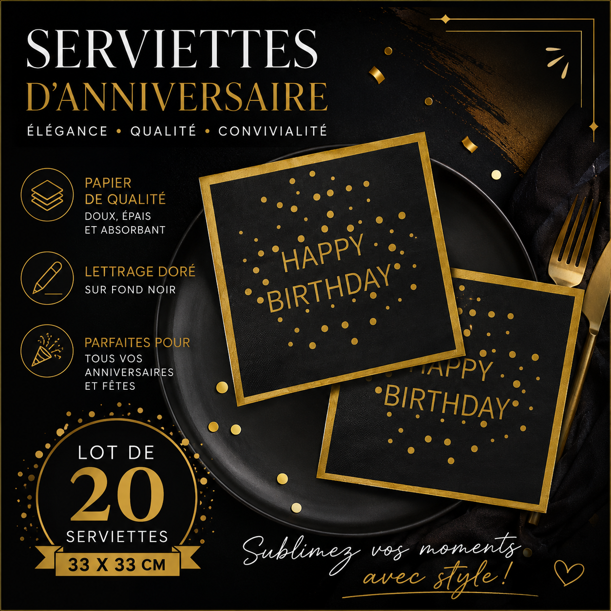 Serviettes anniversaire noir & or – Lot de 20