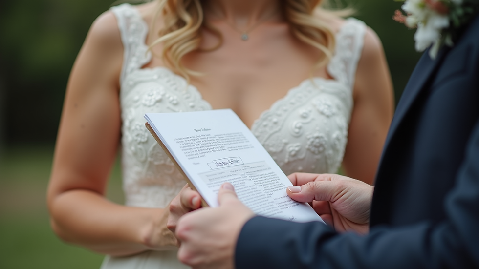 Close-up view of a wedding celebrant’s hands holding a personalised ceremony script