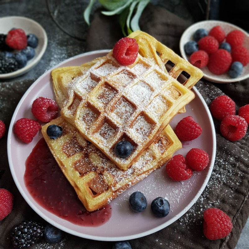 Belgische Waffeln mit Puderzucker und Früchten