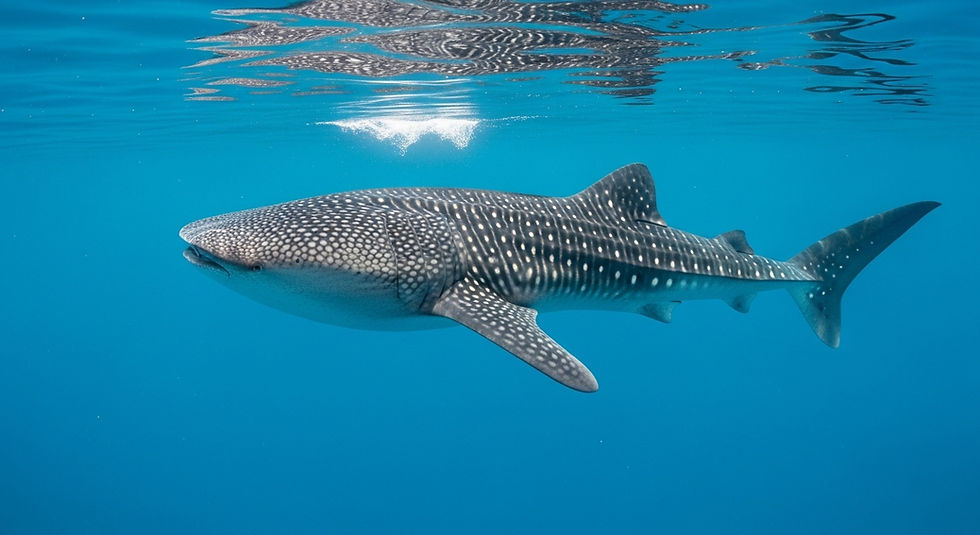 Китовая акула плывет в прозрачной бирюзовой воде
