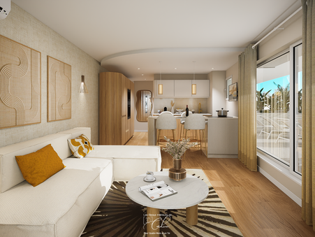 Espace de vie avec cuisine ouverte et salon lumineux dans un style contemporain.