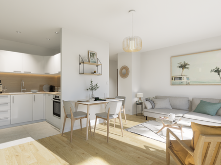 appartement moderne avec chambre, salon et terrasse.