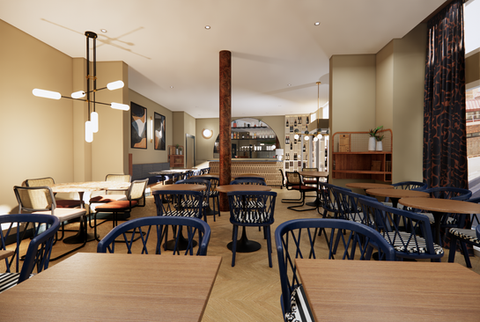 Intérieur de restaurant contemporain avec tables en bois et éclairage design.