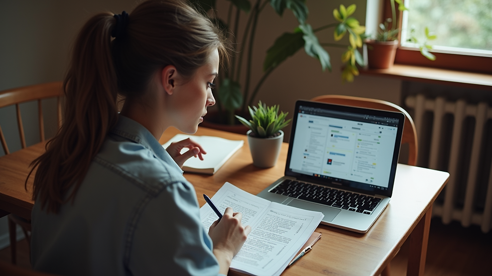 High angle view of a person studying with a laptop and notes