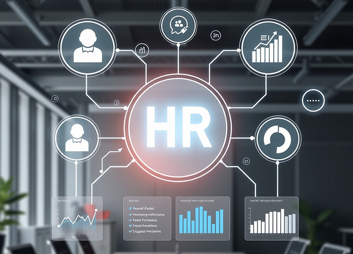 Create a professional corporate banner showing HR data from recruitment, payroll, performa