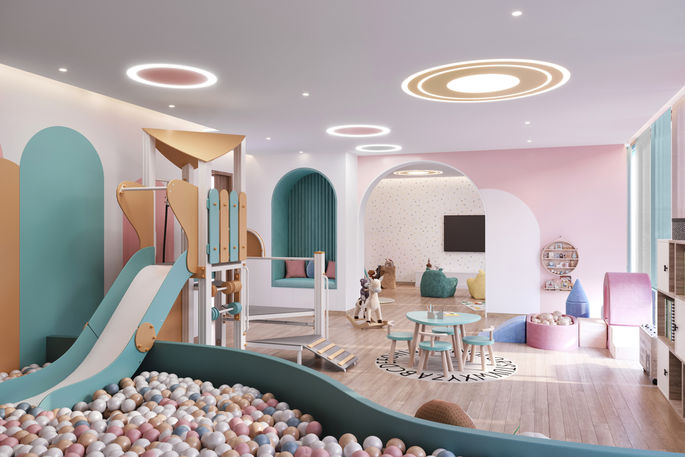 Children’s playroom at Azizi Milan with safe, engaging activities.