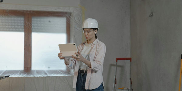 A construction worker in a hard hat reviewing plans on a tablet.