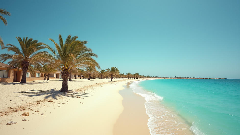 Wide angle view of a sunny beach with palm trees in Djerba