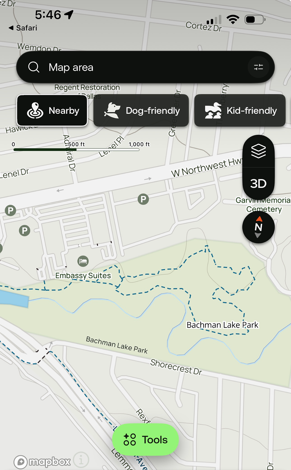 AllTrails map showing Bachman Greenbelt Trail (center/right) and part of the Lemmon Avenue Trail (lower image)