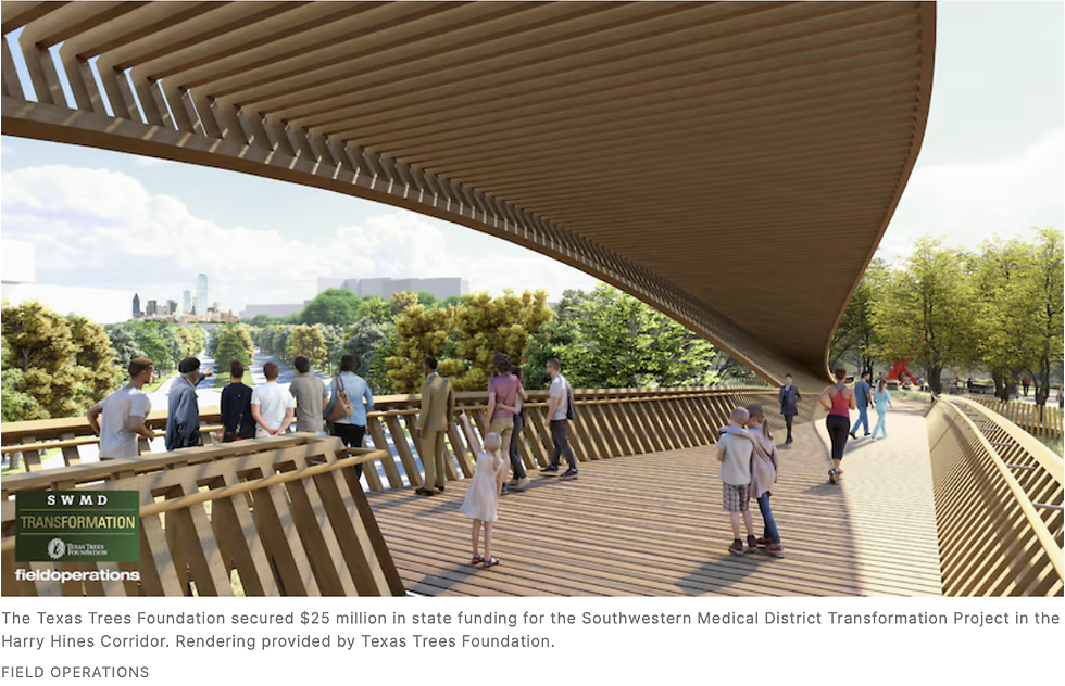 Artists rendering with pedestrian walkway/bridge over Harry Hines Blvd with a few of the city skyline.