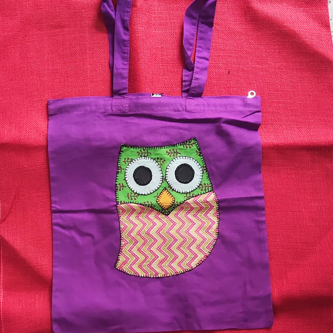 Owl Applique Cotton Tote Bag
