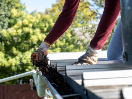 Person cleaning leaves and debris from a house gutter.