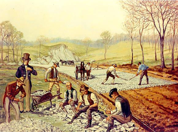 1823 painting depicting workers laying down a macadam road surface.