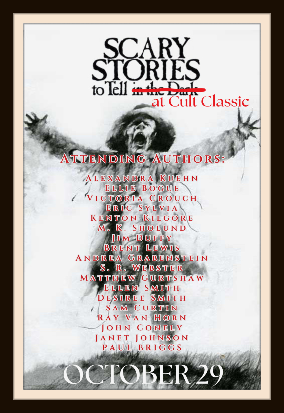 Abstract figure with outstretched arms surrounded by red and black particles on a white background symbolizing dramatic story