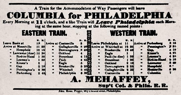 Philadelphia & Columbia Railroad schedule, showing stops in Parkesburg and Coatesville, 1837