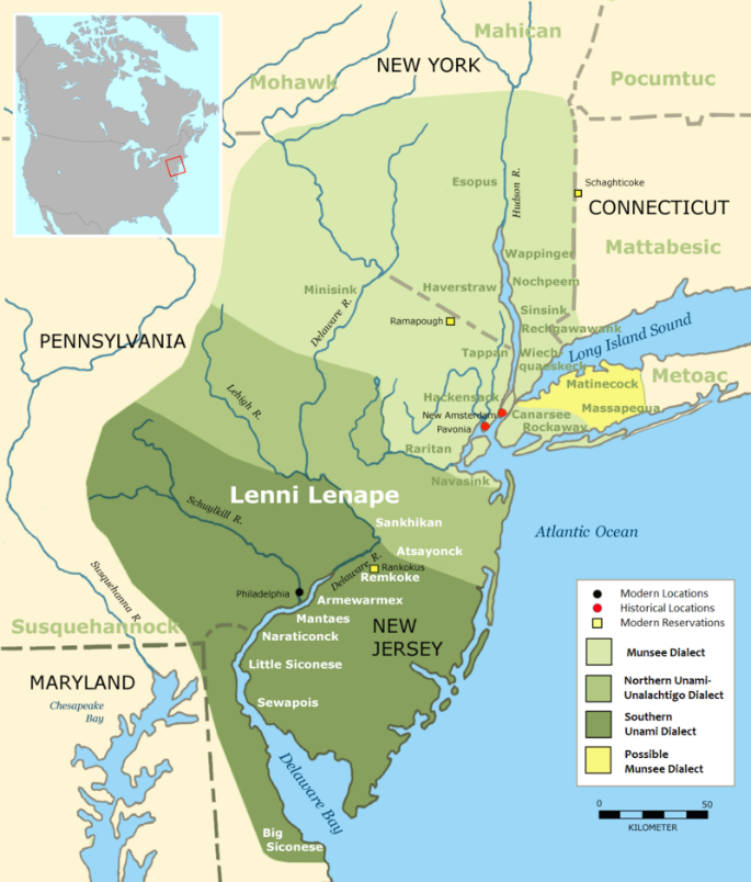 Map of Lenapehoking and approximate boundaries of languages spoken.