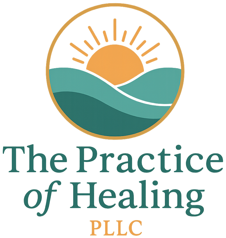 The Practice Of Healing logo featuring mountain sunset backdrop