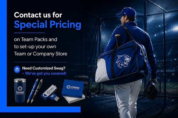 Man in blue jacket carrying sports bag, promoting custom team apparel and swag options.
