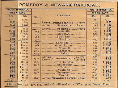 Pomeroy and Newark Railroad schedule from 1913 with connections to Philadelphia. Ben Marsden personal collection.