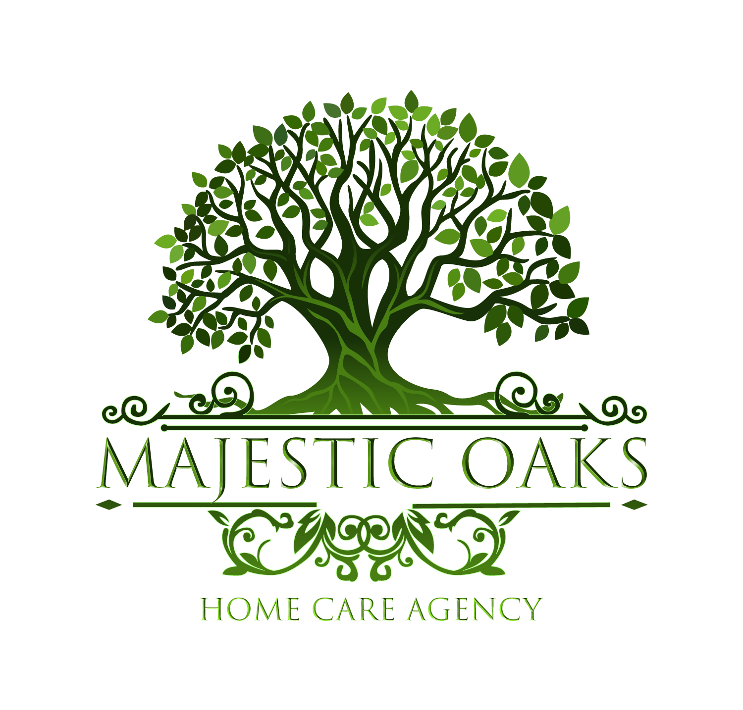 Logo of Majestic Oaks Home Care Agency featuring a large, stylized oak tree symbolizing strength and care.