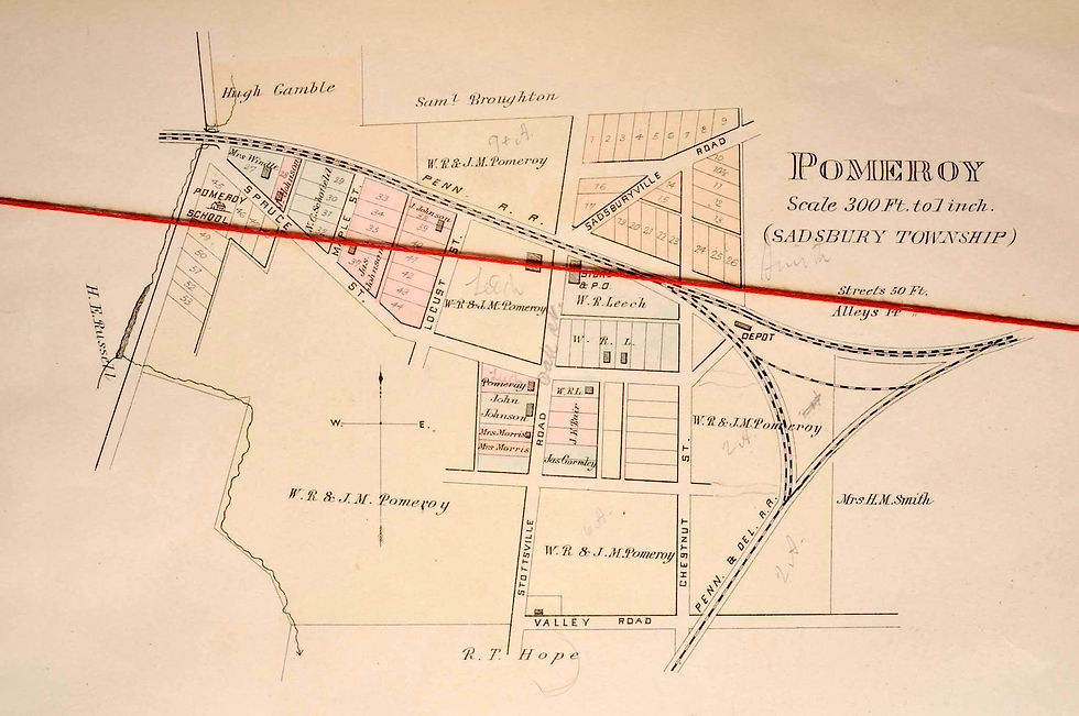 An 1883 map of the Pomeroy Branch Junction shows the present-day PRR mainline (in red) and the old mainline, which was realigned south about 100 feet. The tracks were realigned in the mainline improvement project completed in 1895. The wye is the triangular track arrangement on the right. (Charles Crawford Collection)