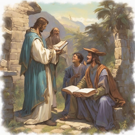 early Church Evangelization, Christian talking to two men, the enemy lurks near by.